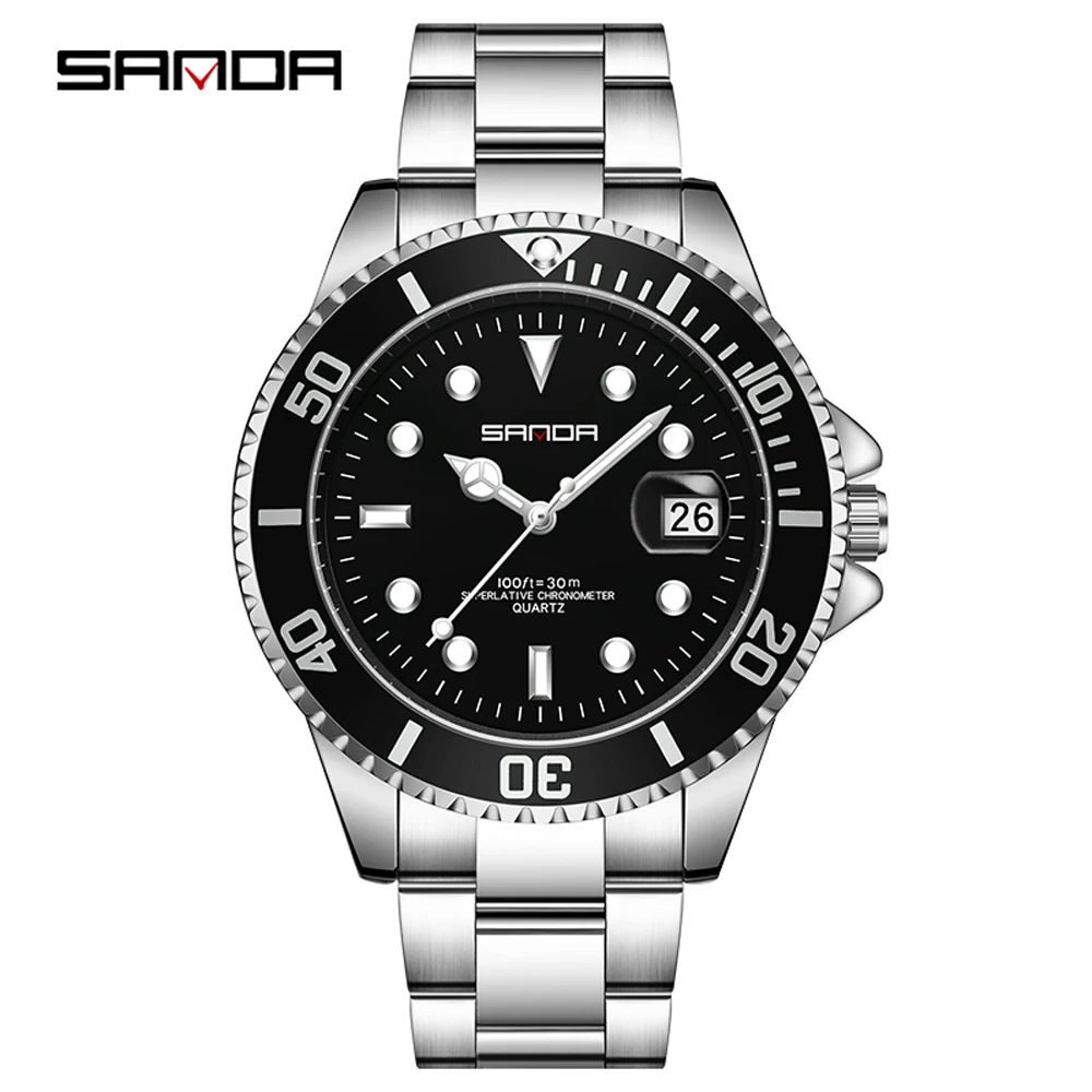 Fashion Sanda Top Brand Trend Men Full Stainless Steel Quartz Simple Calendar Display Luminous Waterproof Business Watch