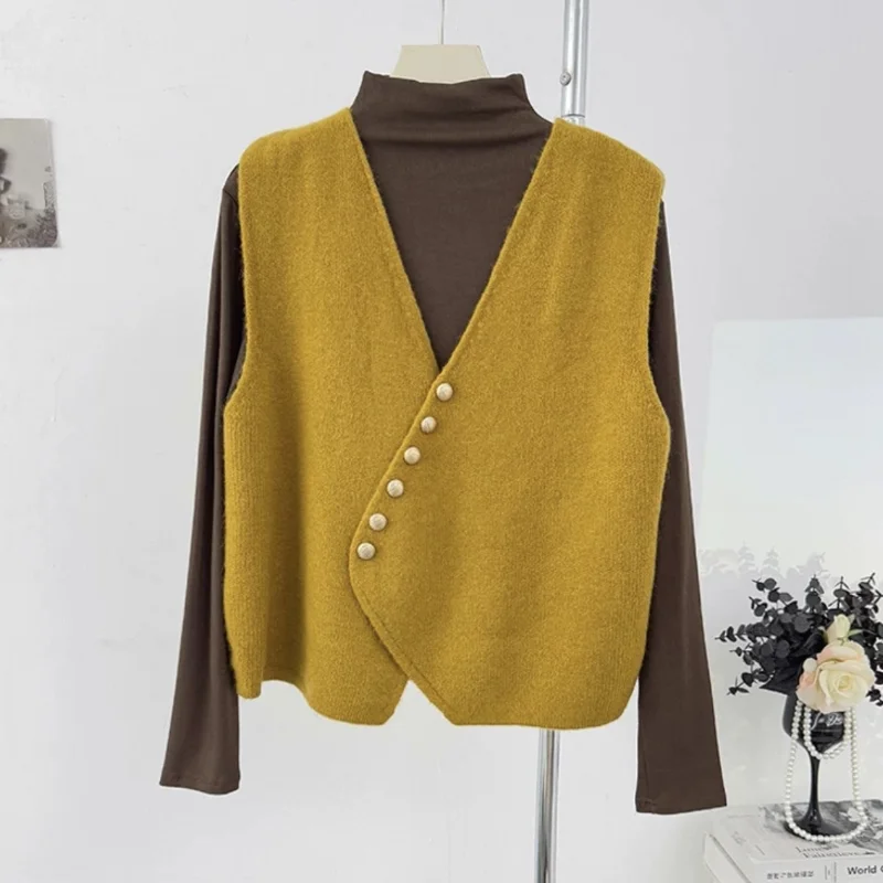

Женский вязаный жилет с диагональными пуговицами, осенне-зимний новый стильный многослойный свитер, универсальный элегантный топ с v-образным вырезом