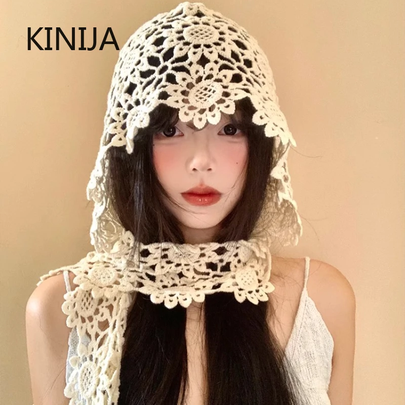 Japanese Lace Hollow Out Knitted Hat Women's Ethnic Sle Travel Photoaphy Face Slimming Overhead Cap Headscarf Hat Casual