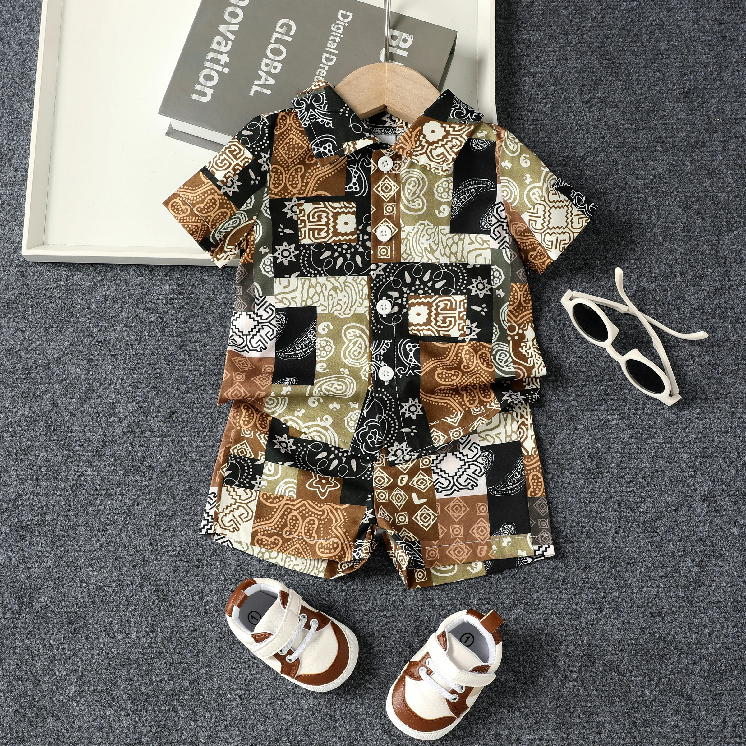 

PatPat 2pcs Baby Boy Casual Ethnic Lapel Shirt and Shorts Set