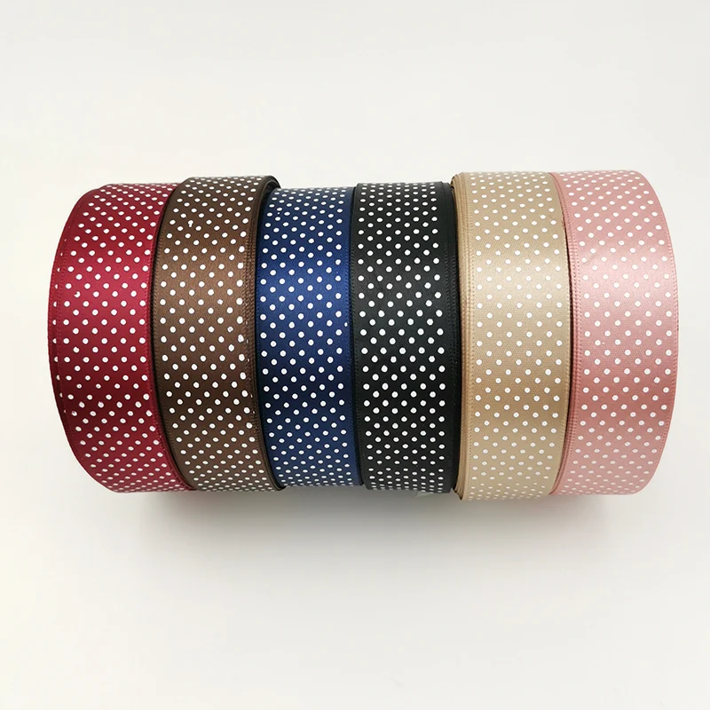 (25 Yards/Roll) 25mm Width Small Dots Printed Satin Ribbon Lovely Series  Gift Packing Christmas Decoration Ribbons Wholesale