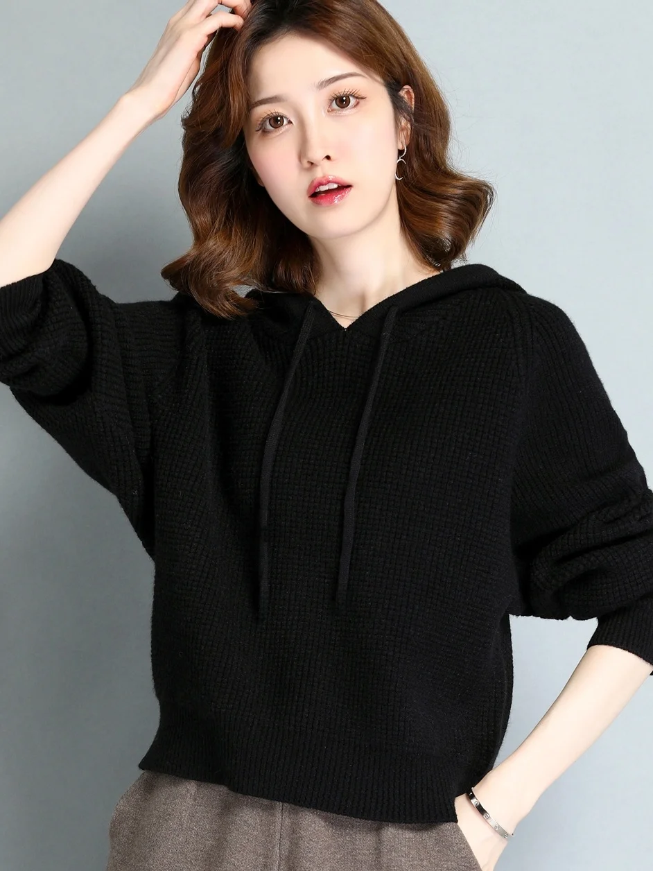 

Bla Knitted Hoodie Women's Loose Fit Overhead Thiened Sweater Autumn Winter Warm Thermal Pure Color Commute Sle Long Sl...