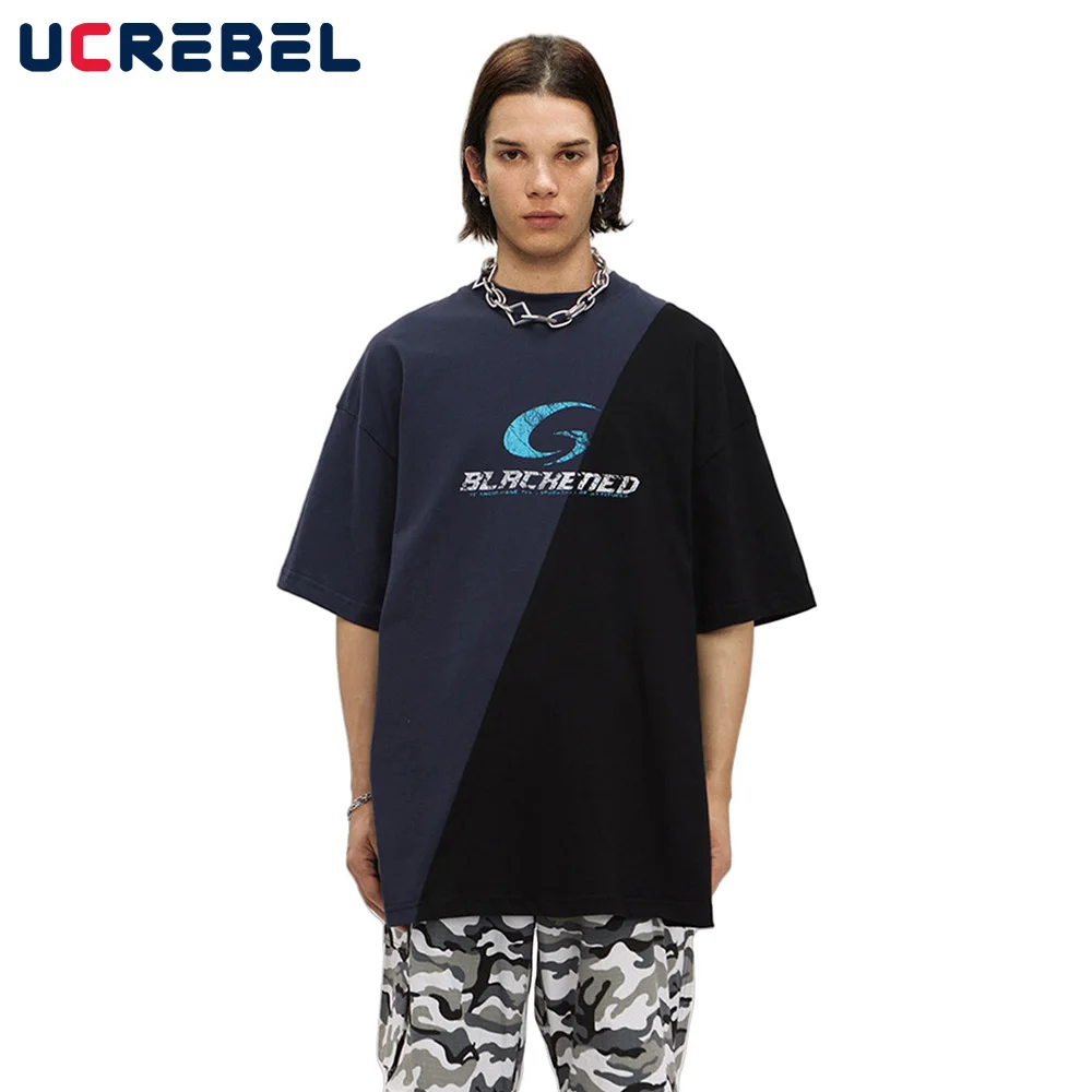 

Patchwork Short Sleeve T-shirt Mens Double-sided Printed Summer High Street Loose Crew Neck Half-Sleeve tee Men