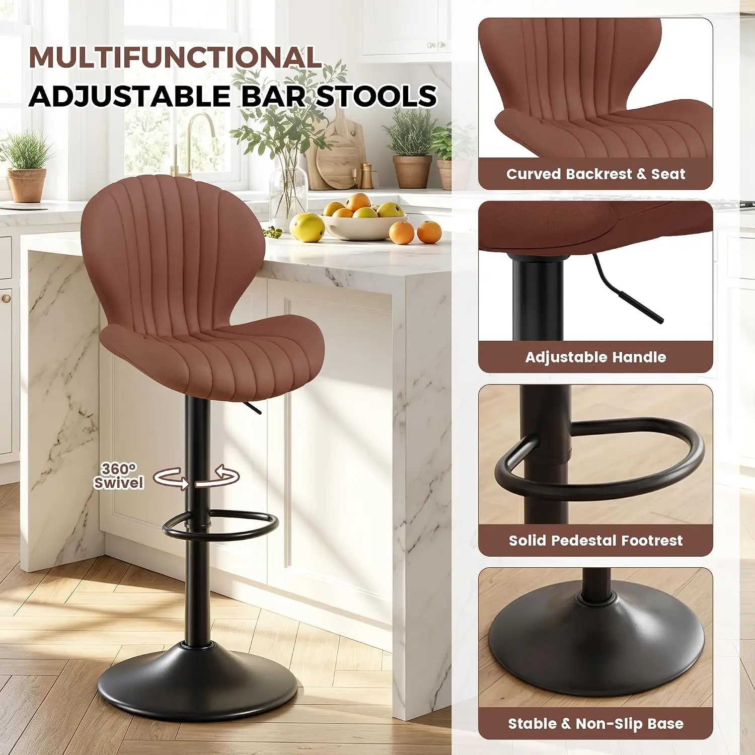 Modern Bar Stools Set of 2, Adjustable Fabric Upholstered Swivel Bar Chairs, Counter Height Barstools with High Backrest, for Ba view 6