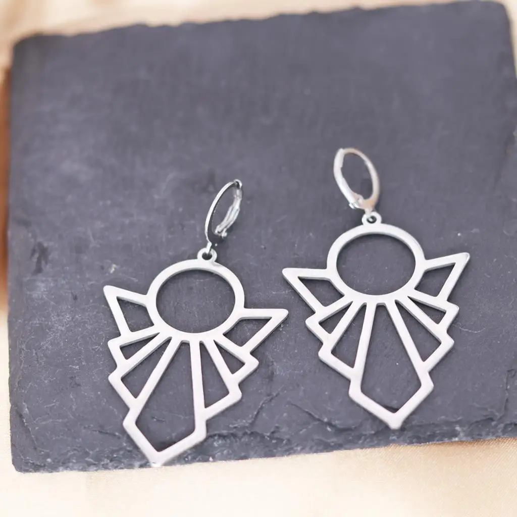 QIAMNI Trendy Stainless Steel Fan Shaped Irregularity Round Triangle Geometric Huggie Hoop Earrings Fashion Statement Jewelry