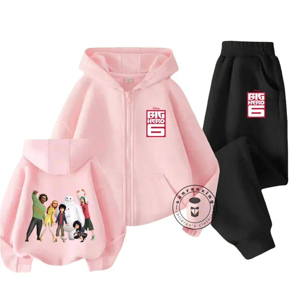 Big Hero 6 Children's Clothing Black Sports Zipper Suit Children's Plus Velvet Hoodie Pants 2-piece Set Kids Gift for Kids