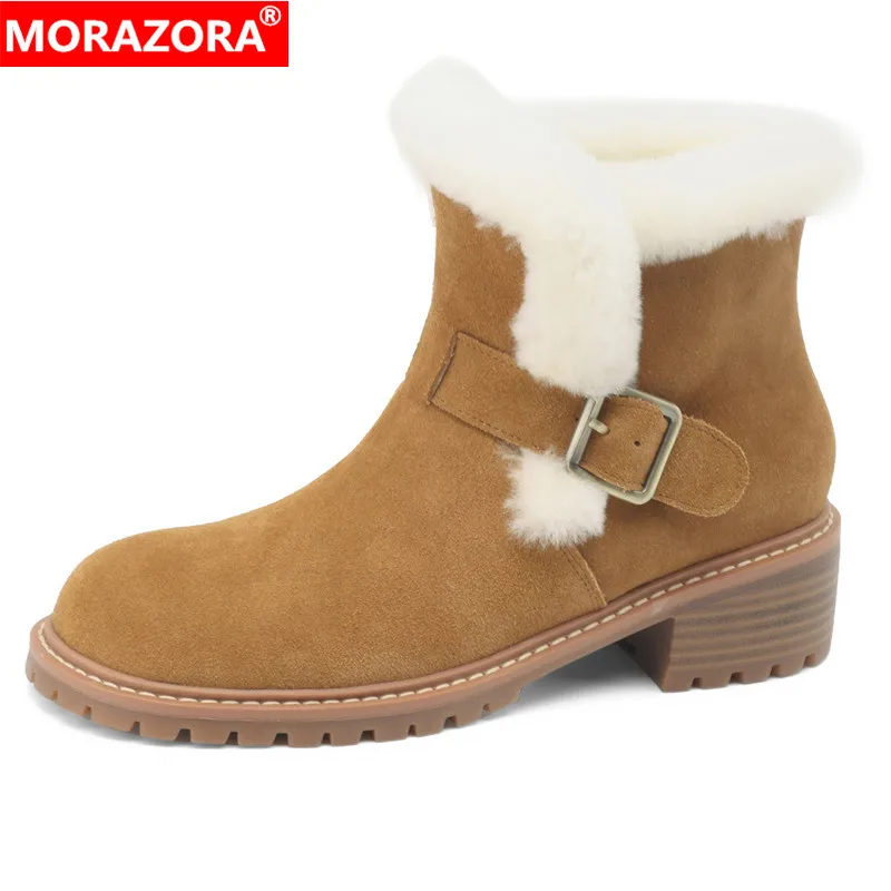 

MORAZORA 2024 New Handmade Cow Suede Snow Boots Buckle Square Mid Heels Ladies Ankle Boots Nature Wool Warm Winter Booties