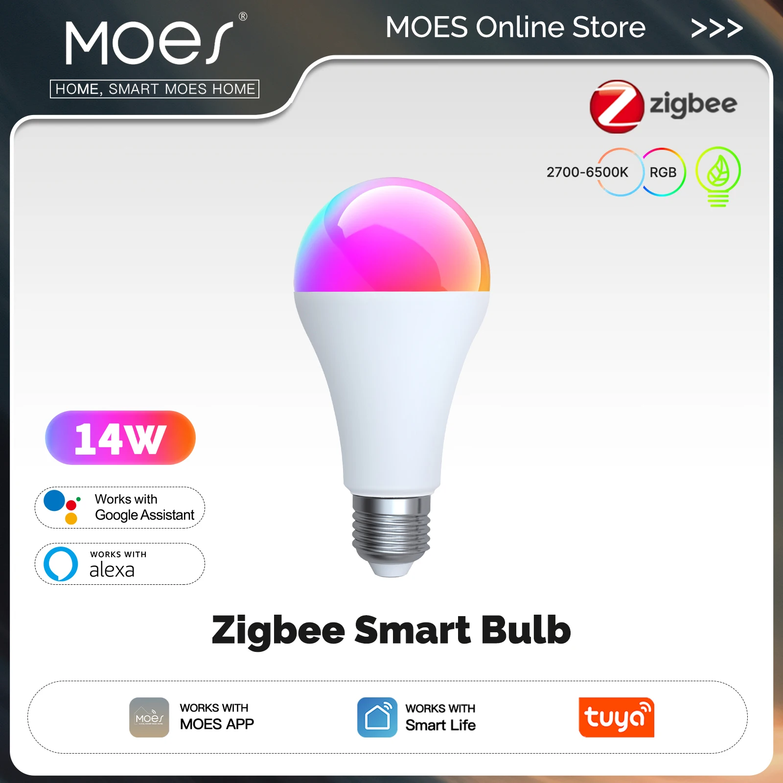MOES ZigBee Tuya E27 14W RGB+CCT Smart LED Bulb Dimmable 2700K-6500K Compatible with Alexa Google Home