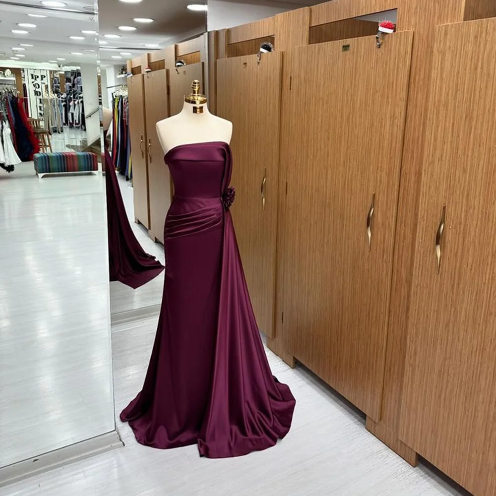 Boat Collar Satin Solid Pleated Sheath Prom Party Dress Backless Court Evening Prom Gown with Floral vestidos de festa