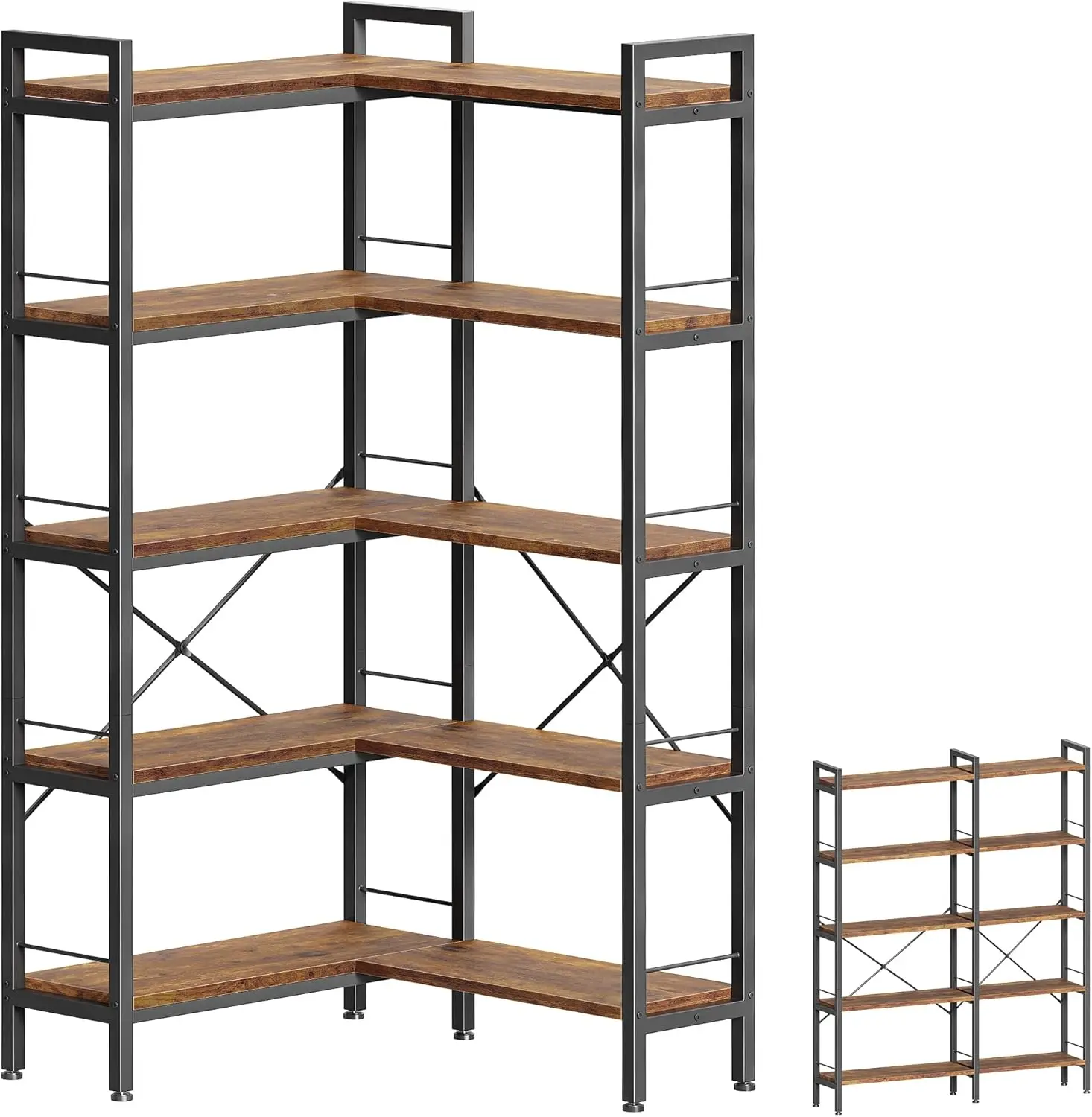 

L-Shaped Corner Bookshelf with 10 Open Shelves, Adjustable Feet, Rustic Brown - Sturdy Metal Frame and Wooden Board