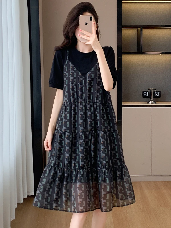 Outlet 2026 Nuevo Vestido de Verano Estilo Coreano de Manga Corta con Encaje, Largo Midi, Efecto Adelgazante y que Disimula la Figura, de Cintura Holgada y Material de Gasa