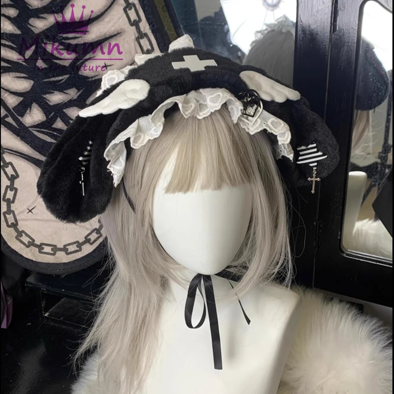 Mikumn Harajuku Kawaii Angel Wing Lace Rabbit Ear Hairband Gothic Lolita Plush Headbands Party Headwear Cosplay Hair Accessories