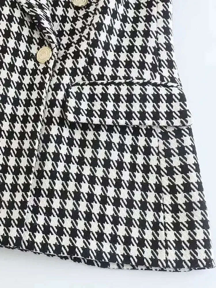 Moda feminina duplo breasted houndstooth blazer casaco vintage manga longa bolsos com aba feminino outerwear chique coletes