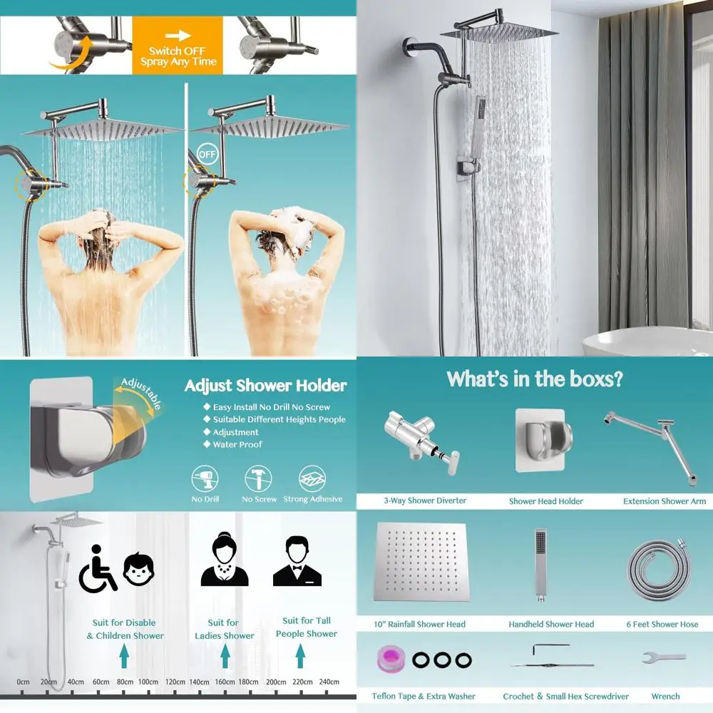 Combo de Ducha de Acero Inoxidable 10 con 4 Modos, Ducha de Mano, Desviador y Manguera de 71 cm en Níquel Cepillado