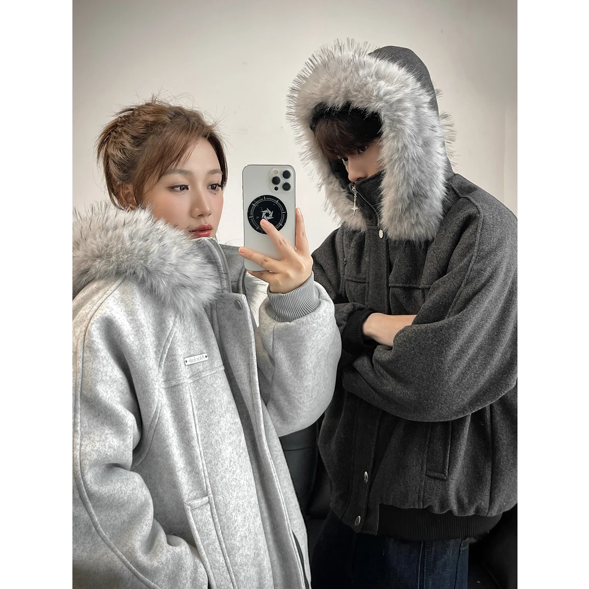 

Unisex Thickened Hooded Cotton Jacket, Big Fur Collar Wool Blend, Winter Warm Couple‘s Wear