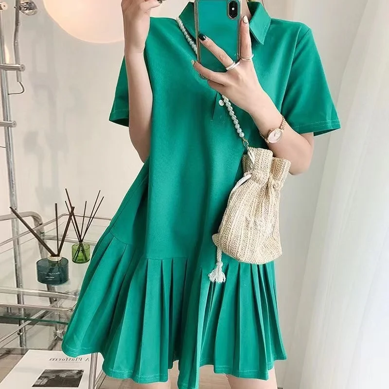 Korean Sle plus Size  Ne ort Sve T-irt Dr Women Loose Small Size Pleated Summer Dr Faionable Midi Dr
