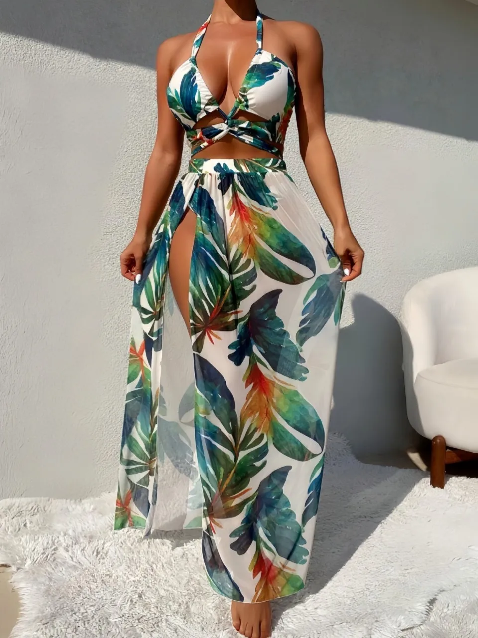 

Sexy 3 Pieces Halter Bikinis 2025 Bandage Swimsuit & Beach Dress Swimwear Women Bathers Bathing Swimming Suit Beachwear Summer