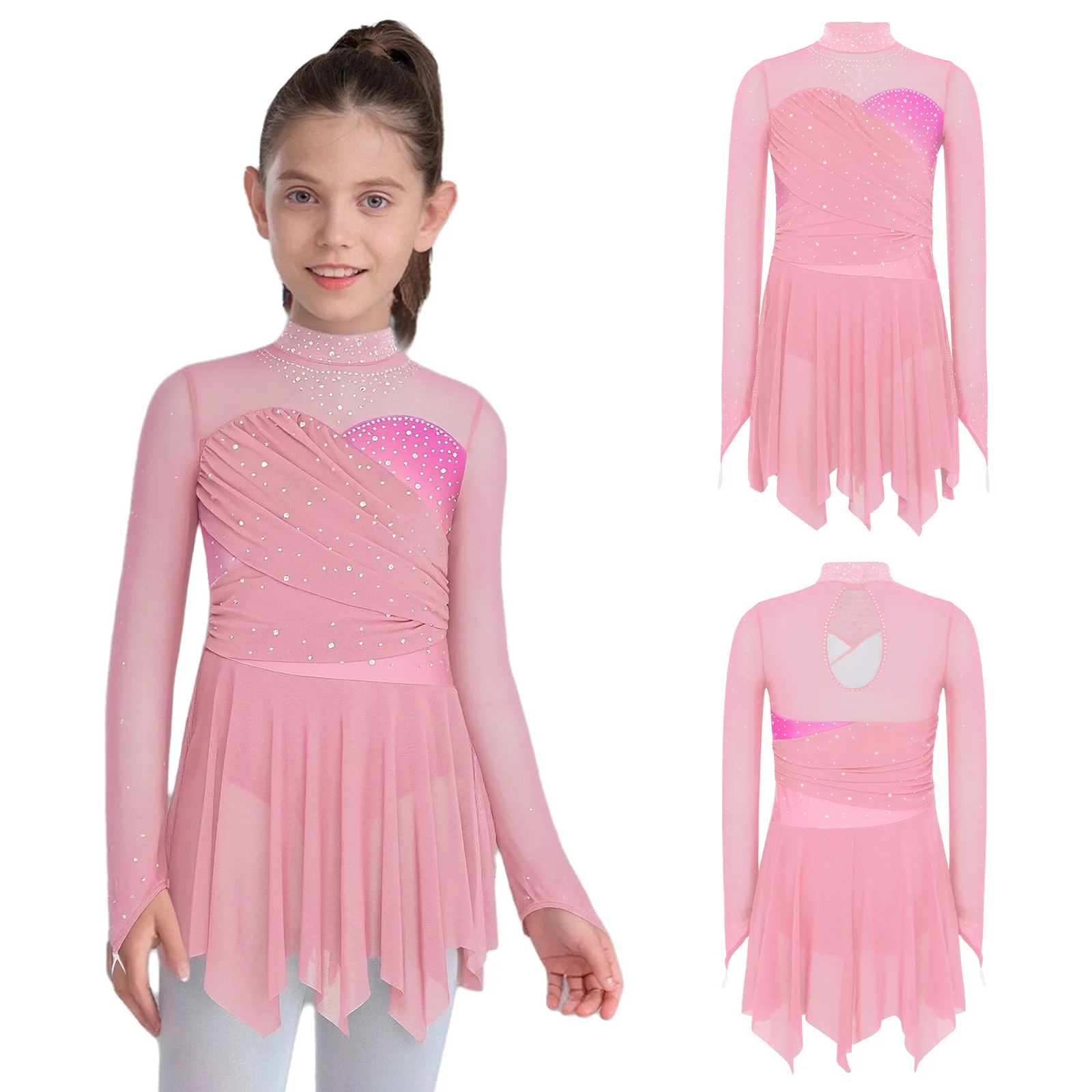 Children Rhinestones Figure Skating Dress Kids Girls Mesh Ballet Lyrical Dance Costume Modern Contemporary Dress Dancewear