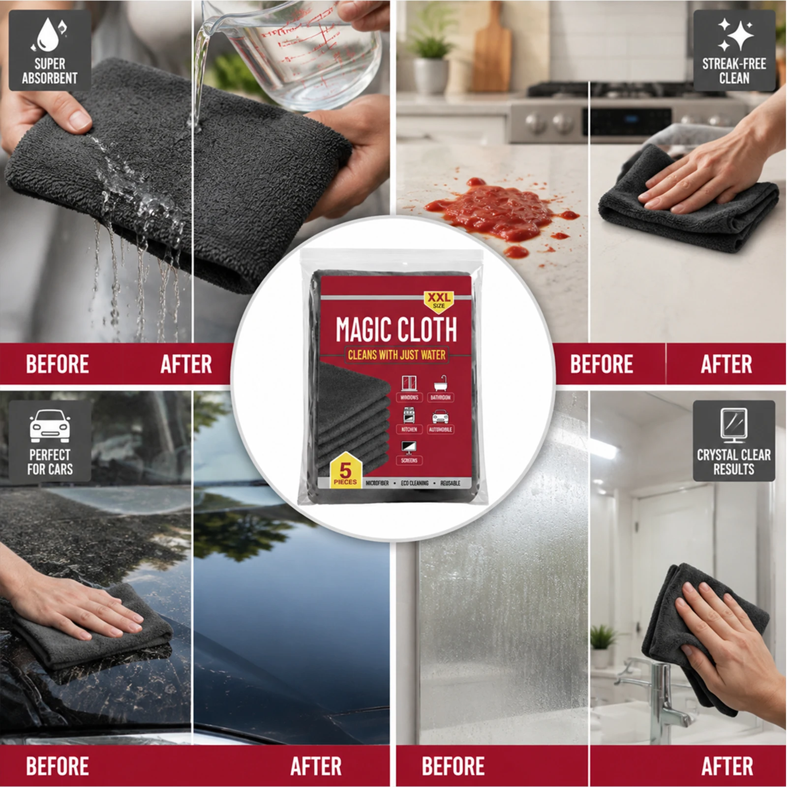 5 Pcs Magic Microfiber Cleaning Cloth Lint Free Streak Free Multi Surface Glass Window Kitchen Car Screen Cleaner