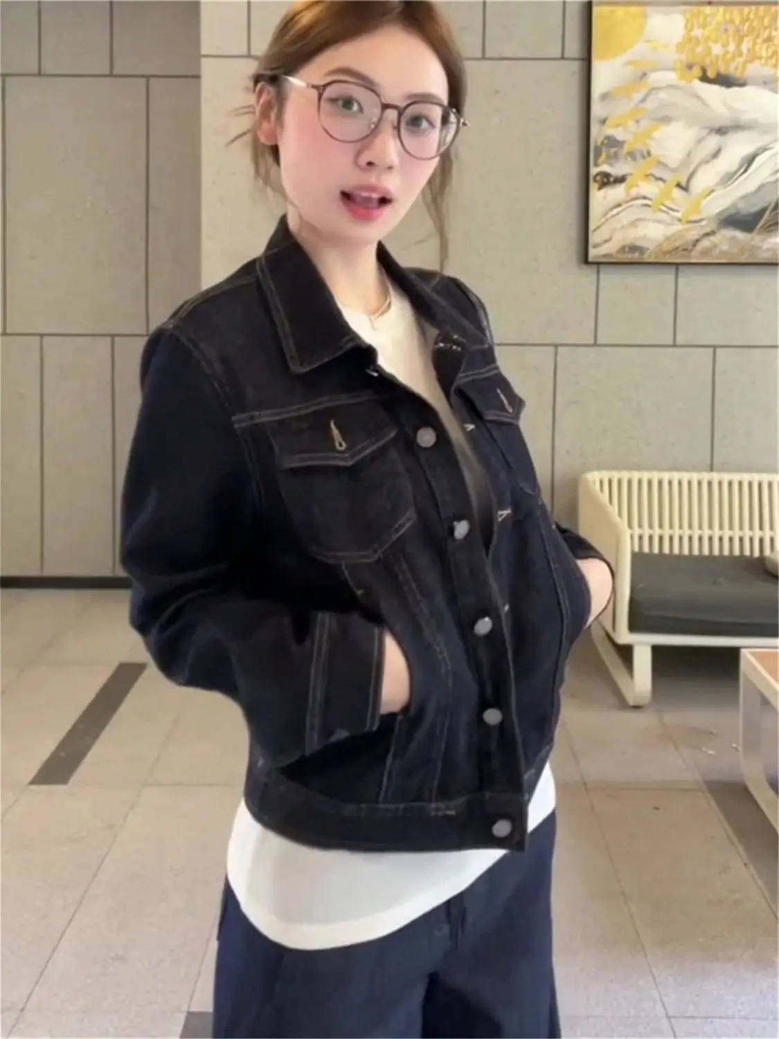 

Ретро-куртка из американского денима для женщин, приталенная, весенне-осенняя, повседневная, в стиле рабочей одежды, из смесового хлопка и полиэстера, с длинными рукавами