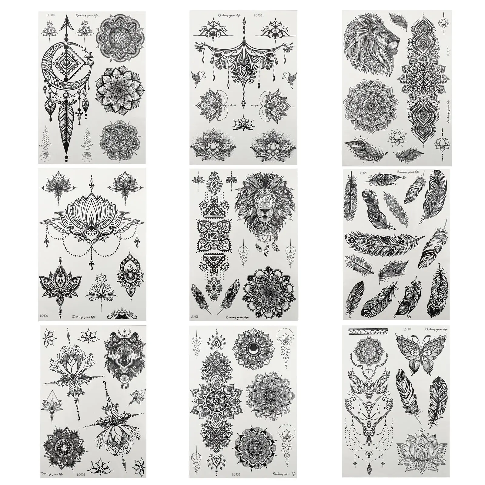 

9pcs Tattoo Stickers Body Tattoos Decal Black White Waterproof Body Art Decals M Floral Sexy Neck Arm Leg Design