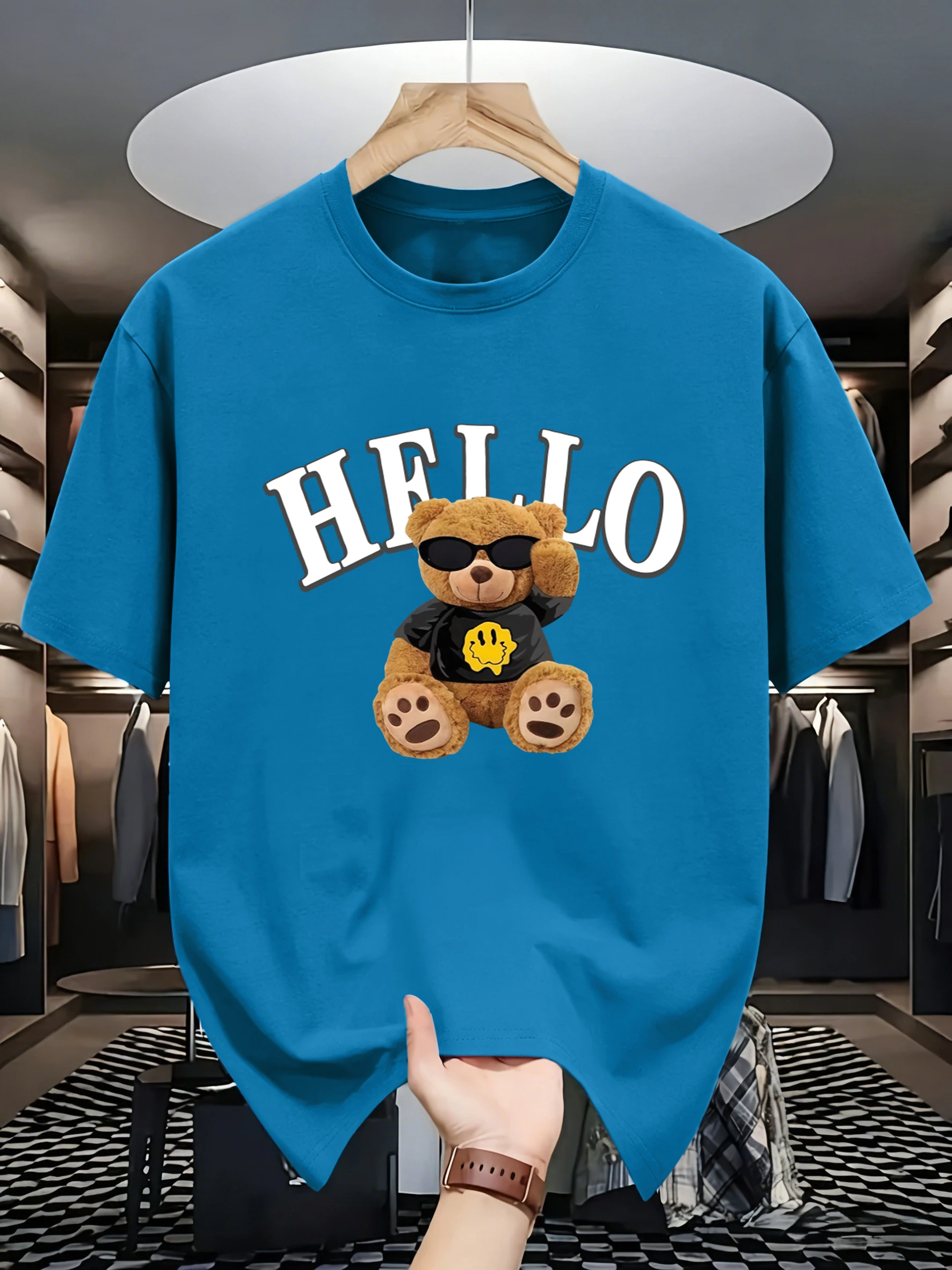 Niedliches Cartoon-Bär-T-Shirt mit Aufdruck „Say Hello To You“ für Herren, Baumwolle, Sommer-T-Shirts, All-Match-Trendkleidung, bequeme Mode, Streetwear