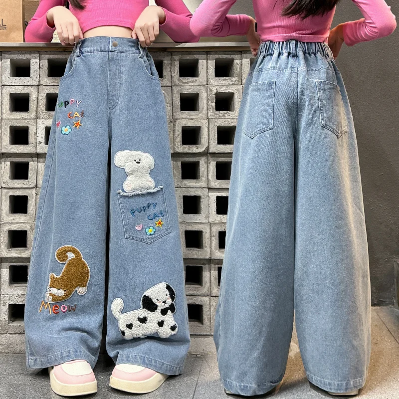 autumn junior girls cartoon wide leg jeans teenage kids towel embroidered dog denim pants Fashion child trousers 4 6 8 10 12 14