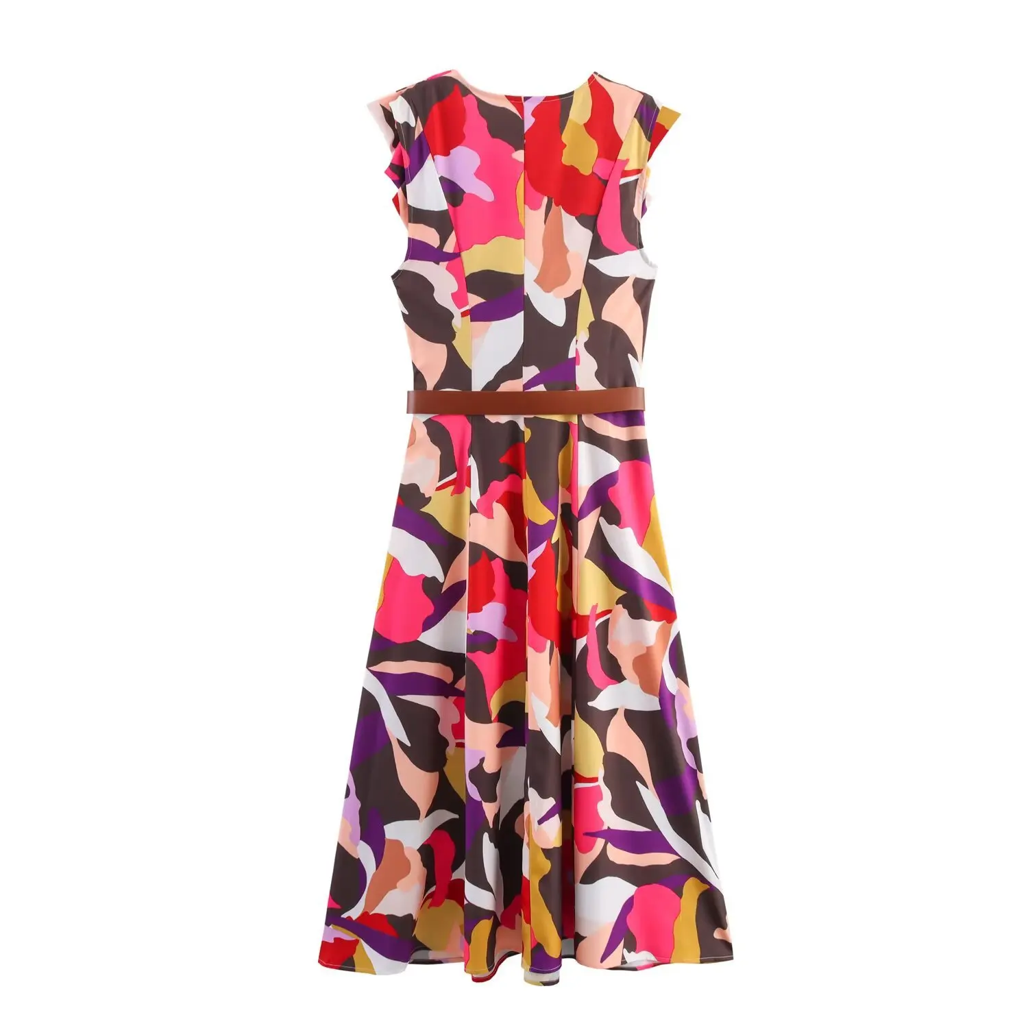 Women's waist belt printed poplin waist dress V-neck sleeveless side zipper autumn new elegant and fashionable long dress