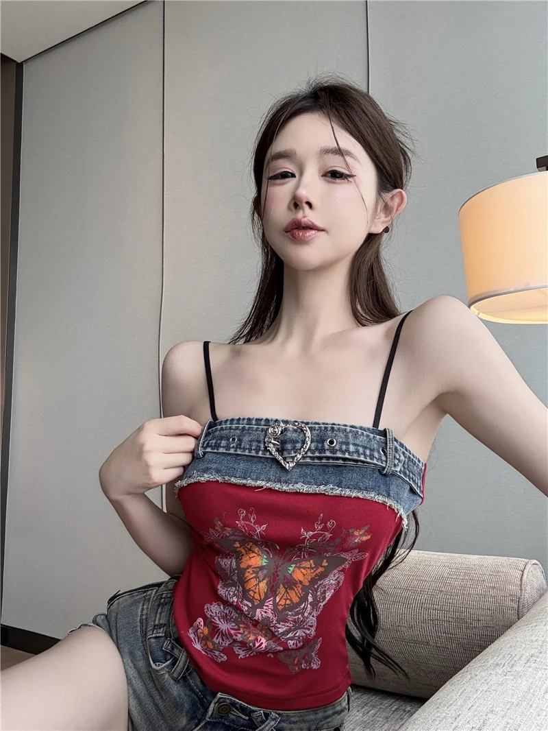 Unique Thai Sle Denim Patchwork sangle gilet femmes été belle américaine Y2K épicé fille une épaule bustier tubulaire petit irt