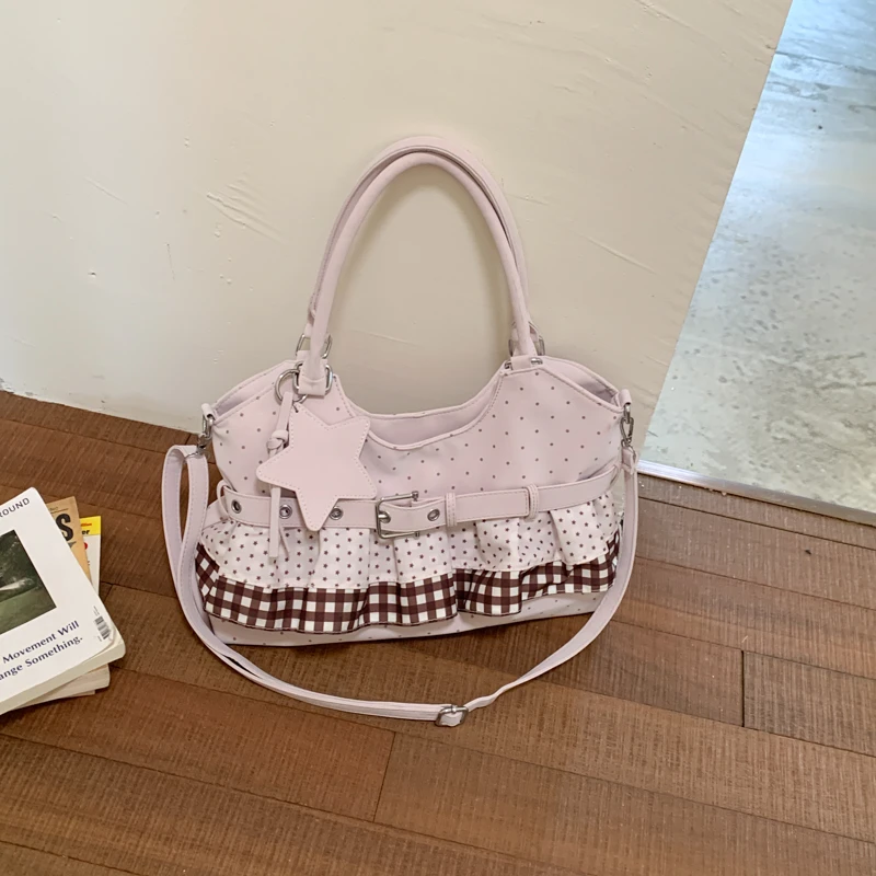 Y2K Sweet Women Polka Dot Plaid Ruffle Handbag with Star Charm Casual Daily Shoulder Crossbody Tote Bag for Girls