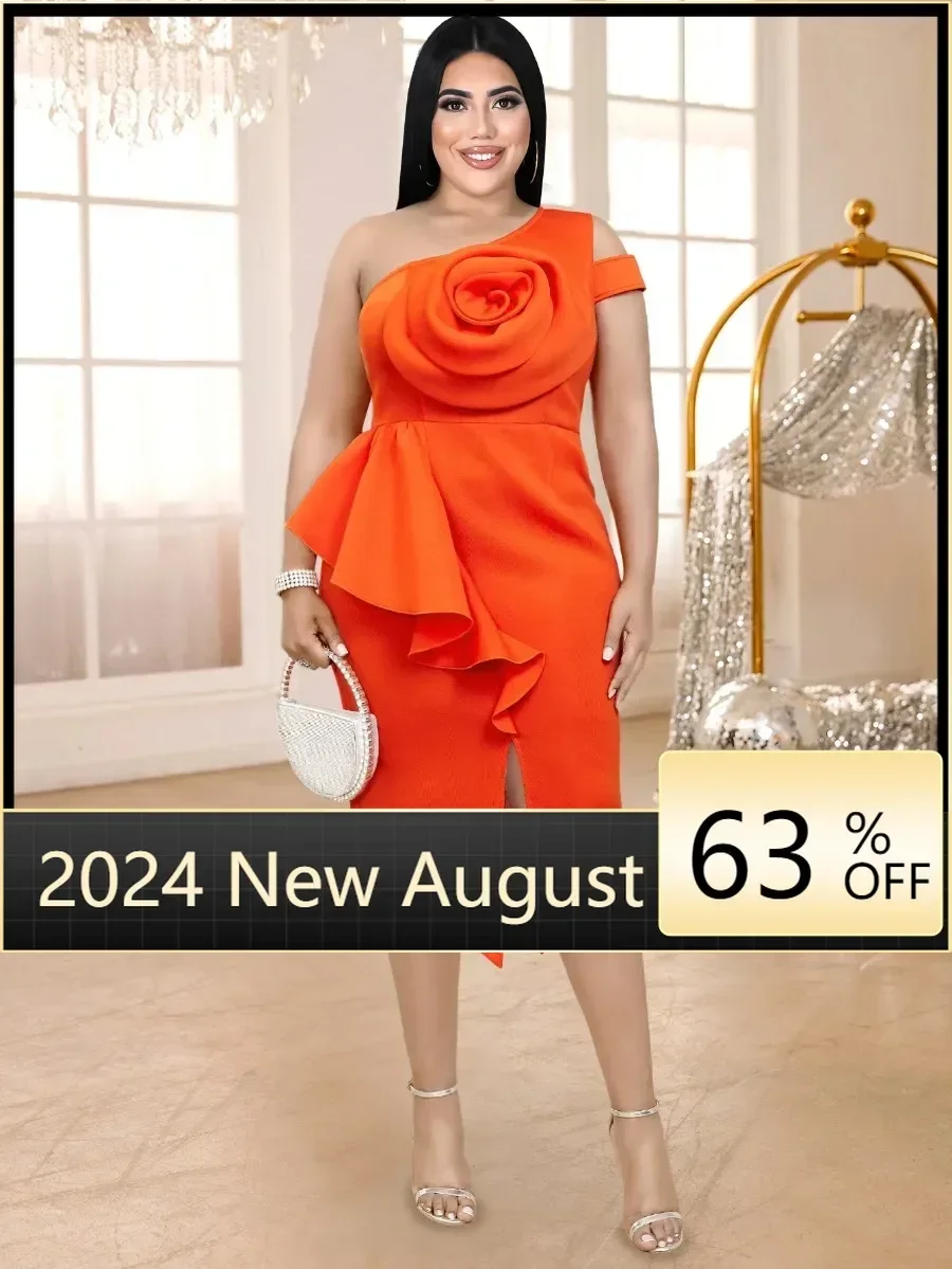 Women Orange One Shoulder Big Flower Rose Wedding Party Dress Sleeveless Package Hip Midi Length Celebrate Event Gown Plus Size