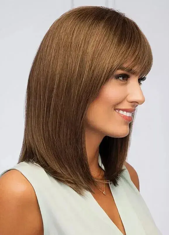 Real Human Hair New Natural Long Light Brown Straight Wig Women's Full Wig 14 In