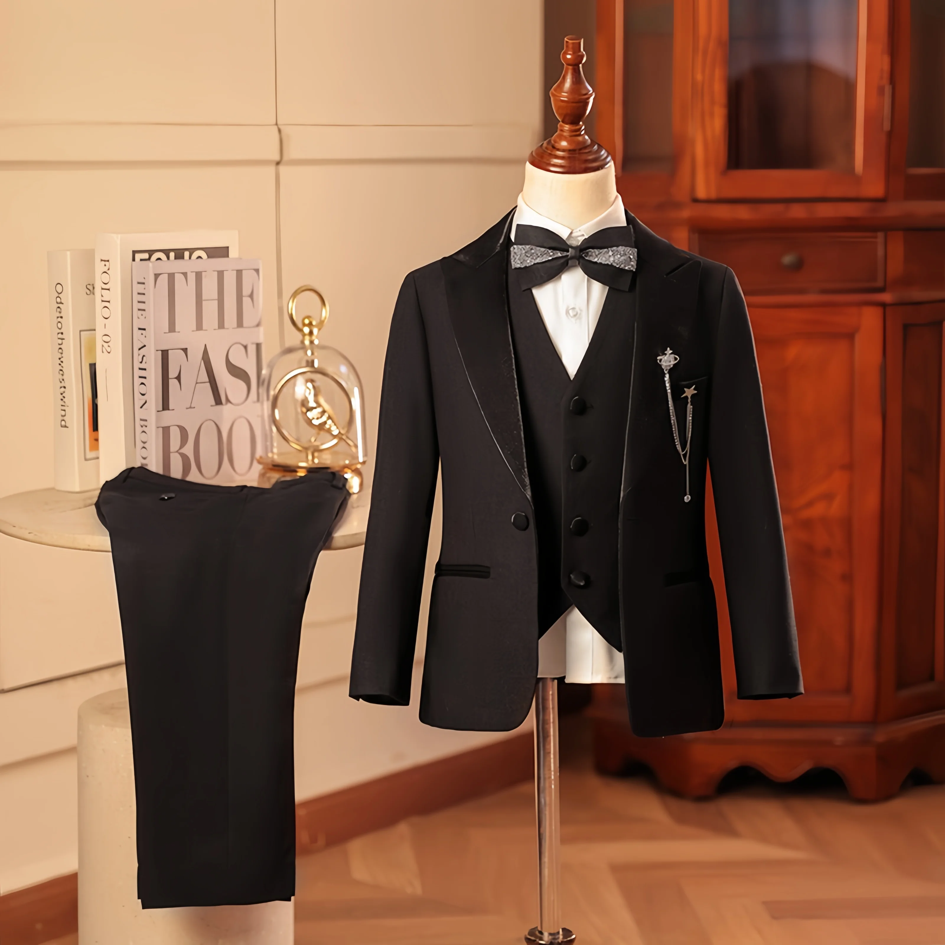 طقم بدلة للأطفال مكون من 3 قطع سترة + سترة + بنطلون لحفلات الزفاف فستان فتاة الزهور لحفلات أعياد الميلاد ملابس رسمية سوداء هدية سهرة #1