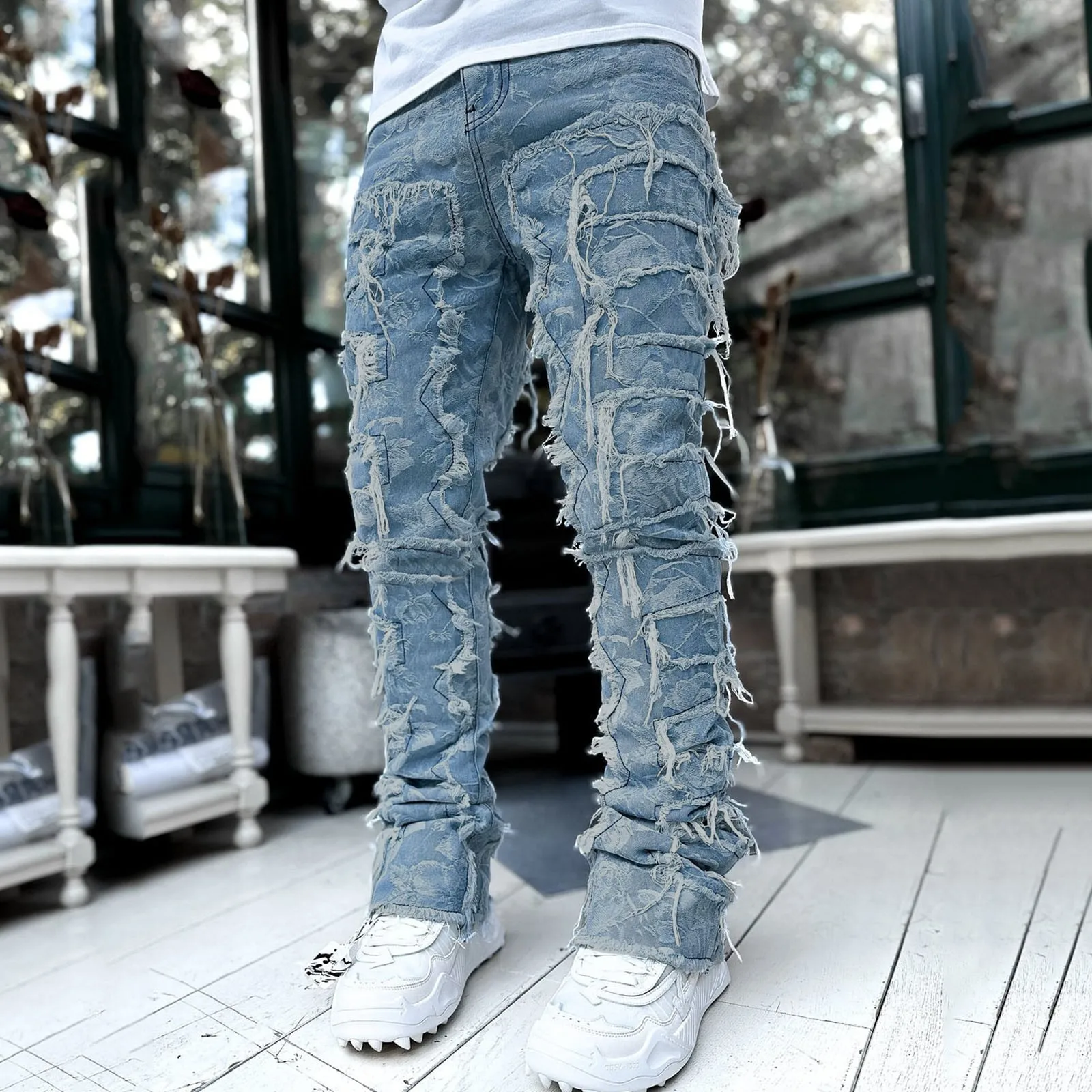 Fashion Stretch Patch Men's Jeans Y2K Patchwork Creative Tassels Decoration Straight Denim Trousers For Men Hip Hop Jean Pants