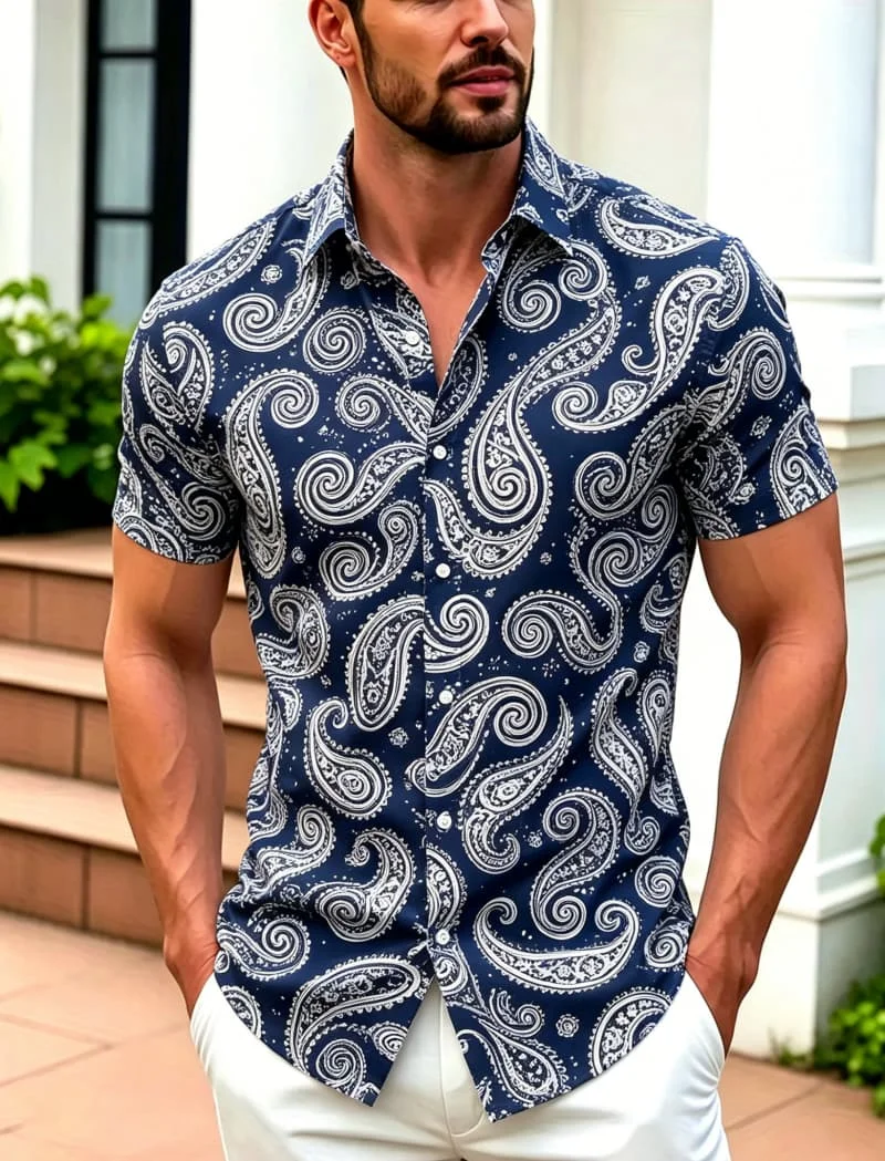 Summer Retro Cashew Leaf Printed Shirt Exquisite Spiral Pattern Youth Loose Shirt