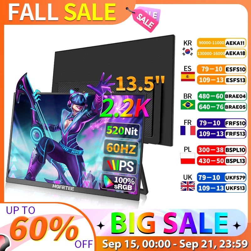 

HGFRTEE 2,2K 13,5-дюймовый портативный монитор 100% sRGB 500d/m2 второй экран для портативного ПК MAC с HDMI Typr-C офисный внешний дисплей