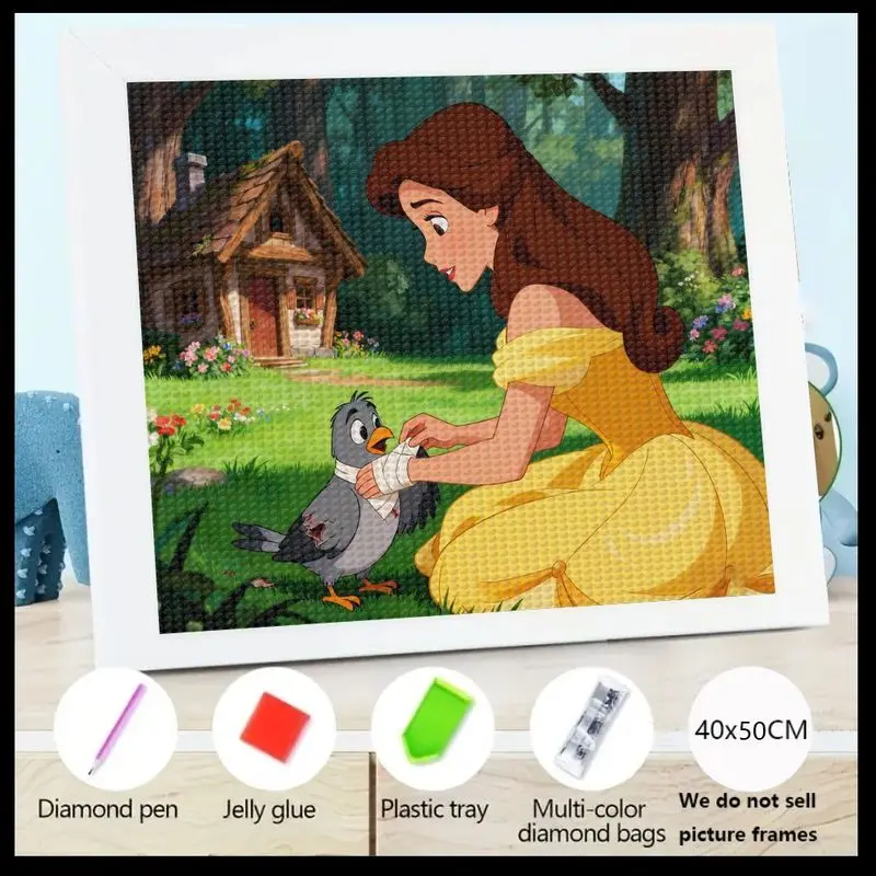 

Hot Sale 5D Full Drill Diamond Painting Kit, DIY Disney Princess Belle Tending Injured Bird Woodland Scene Rhinestone Embroidery