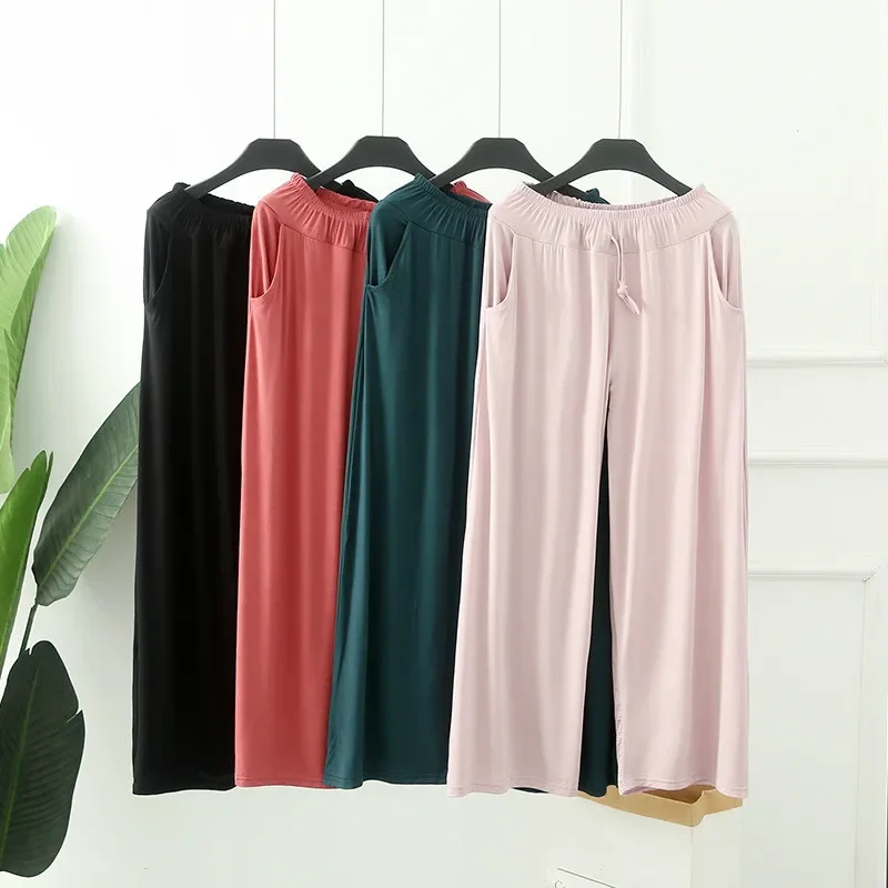 

Ladies Wide Leg Pants Casual Home Wear Girls Elastic Waist Large Size Loose Drawstring Pocket Home Pants Lace Up Woman Trousers