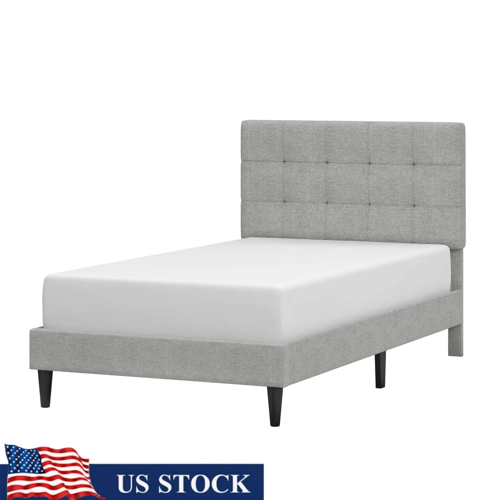 

Contemporary Twin Platform Bed with Adjustable Square Tufted Headboard Soft Fabric Upholstered No Box Spring Required Modern