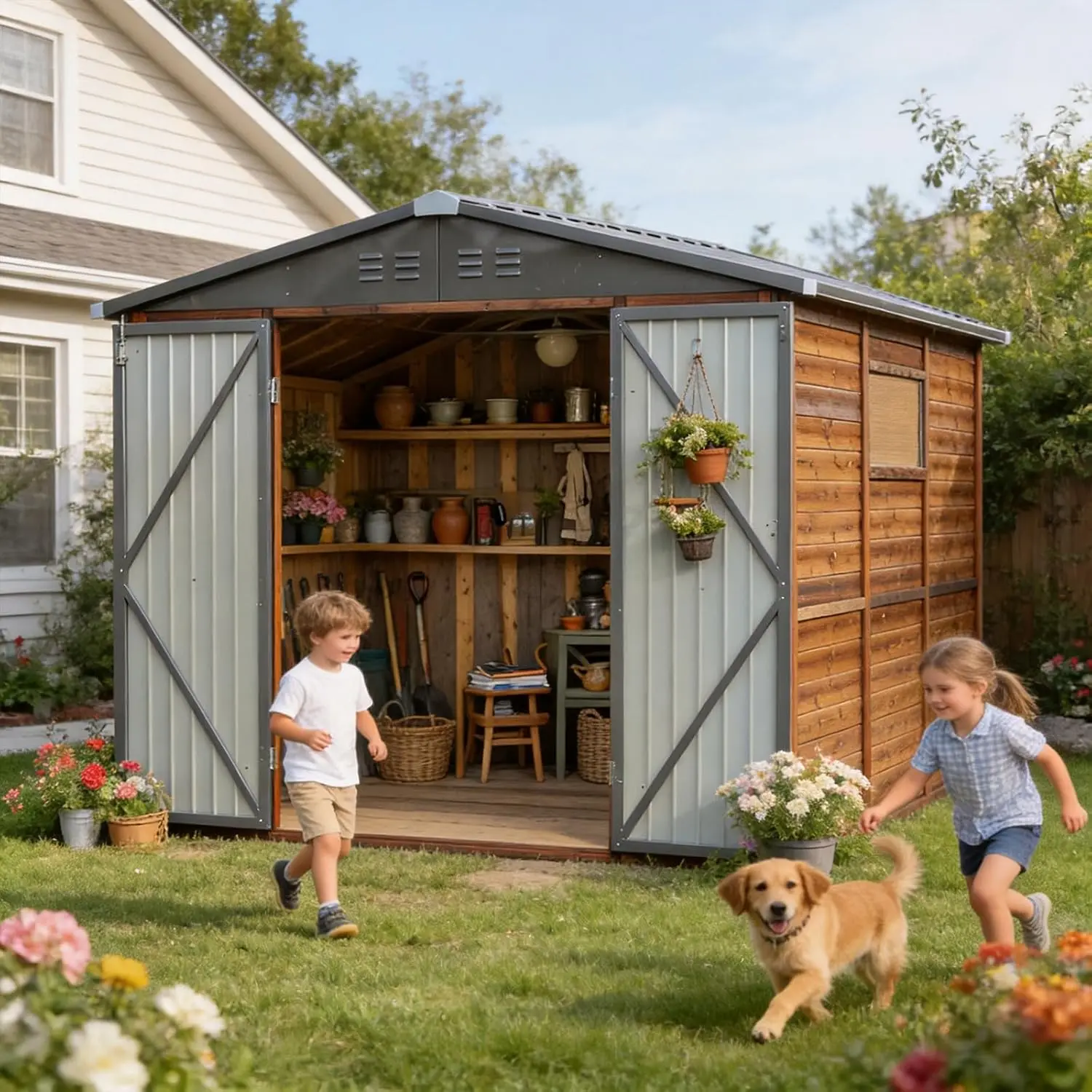 6x8FT Waterproof Outdoor Storage Shed Lockable Sliding Doors Metal Sloped Roof Garden Patio, Customized