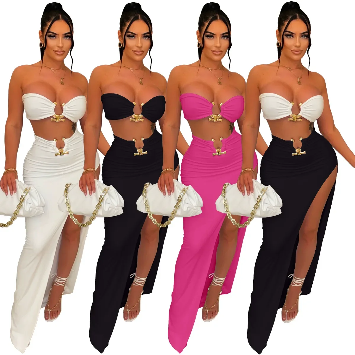 New Chic Gold Ring Bandeau Slit Skirt Two-Piece Set Womens Beautiful Off Shoulder Matching Skirt Set Nightclub Outfits