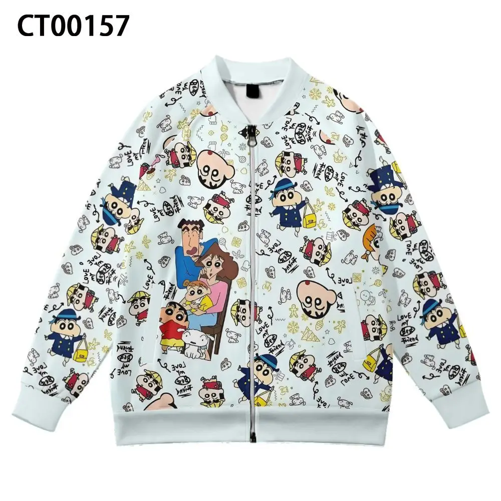 Kawaii Crayon Shin-Chan Printed Baseball Bomber Jacket Multi Pattern Anime All Over Print Loose Casual Couple Streetwear Outfit