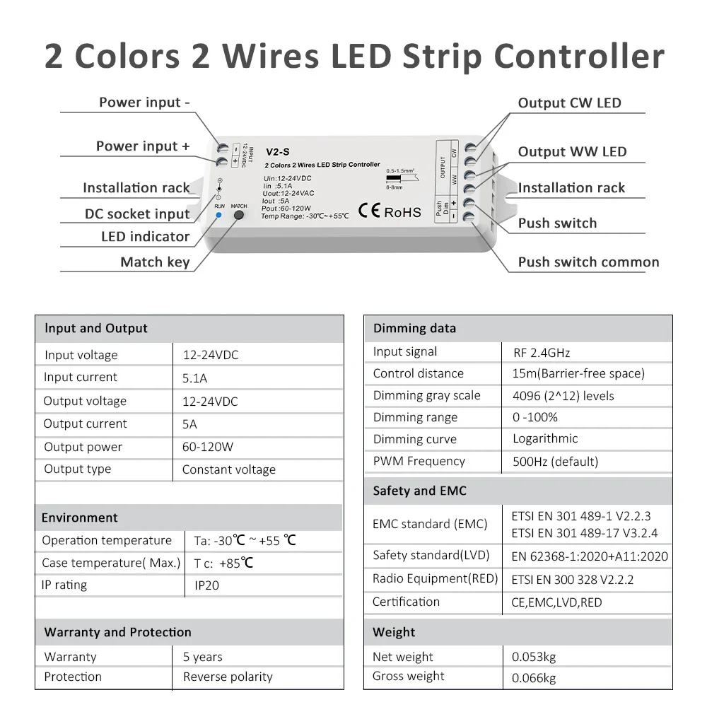 2-przewodowy kontroler LED CCT 12V 24V DC 1CH 5A Bezprzewodowy odbiornik RF 2.4G z podwójnym białym pilotem do świateł LED WW CW V2-S