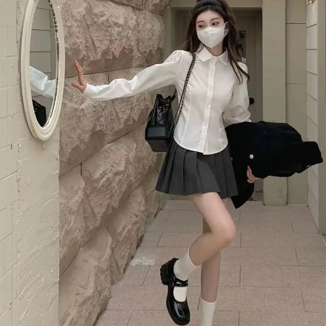 Preppy Bandage Basic White Shirt Women Slim Long Sleeve Cute Top School Button Down Tunic Shirts Blouse Female Casual Lady