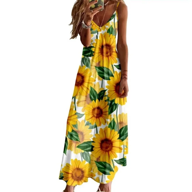 Vestido largo sin mangas con estampado de girasol para mujer, traje elegante de lujo para fiesta y playa, Verano