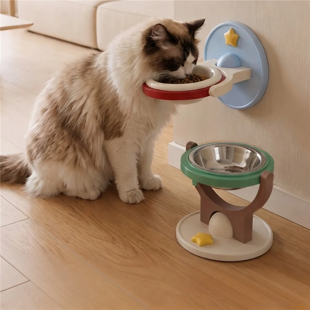 Wall‑Mount Adjustable Elevated Cat Bowl, 304 Stainless Steel Raised Pet Bowl Anti‑Black Chin for Cats Dogs