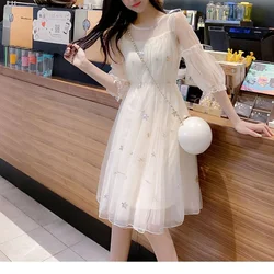 Summer New Fashion Sweet Fresh Elegant 3/4 Sleeve Dress Women's Round Neck Patchwork Double Layered Gauze Waist Length Dresses