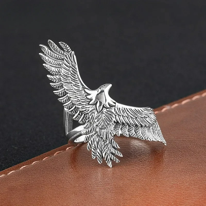 2025 New S925 Sterling Silver Trendy Punk Personality Eagle Wings Opening Ring Couple Gift