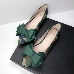 Lady Camouflage Bow Flats For Wide Feet 33-48 Green Brown Black Shoes Comfortable Slip-Ons Ourdoor Driver Novelty Mixed Colors