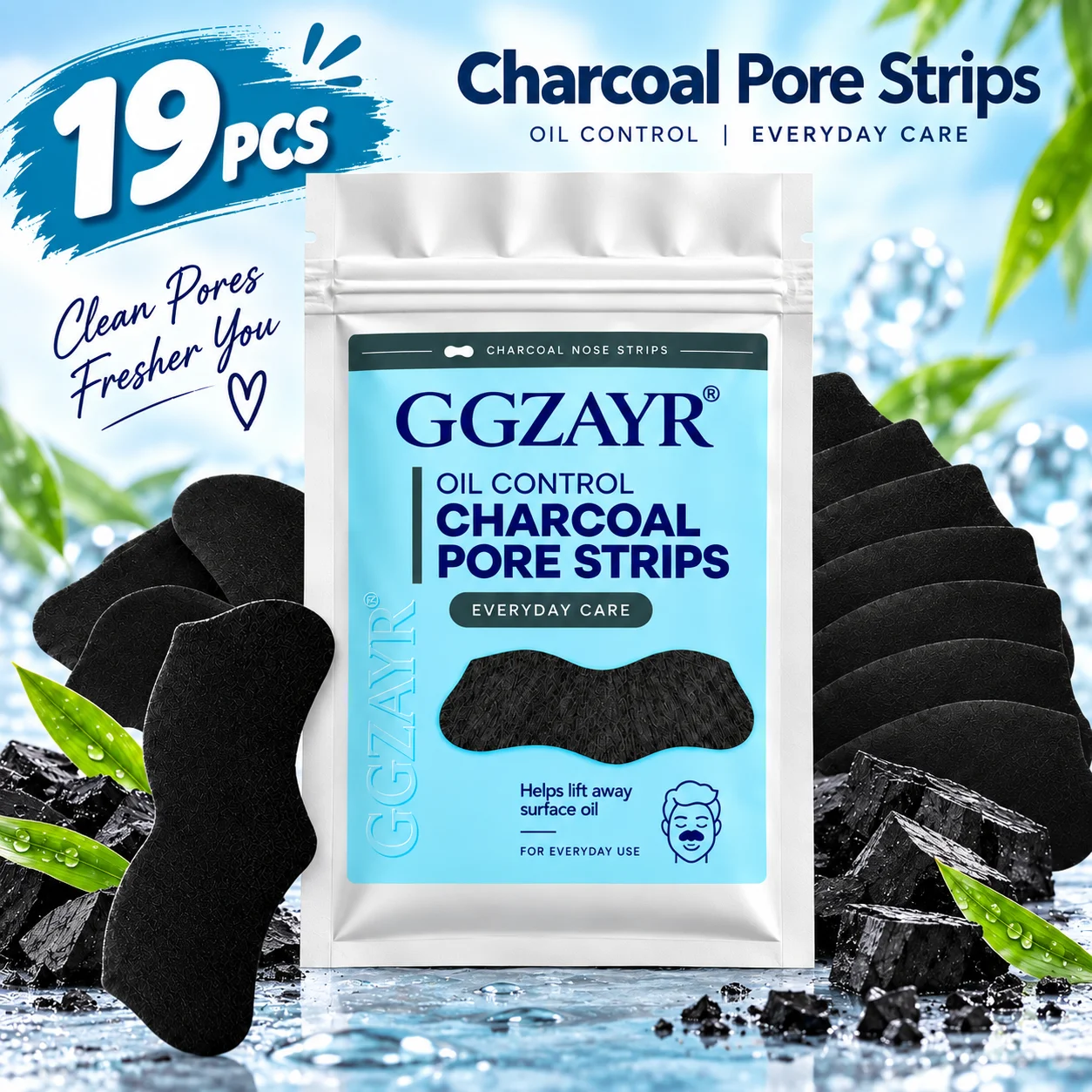 19PCS Charcoal Nose Pore Strips, Oil Control Blackhead Cleansing Nose Strips for Deep Pore Care and Everyday Use